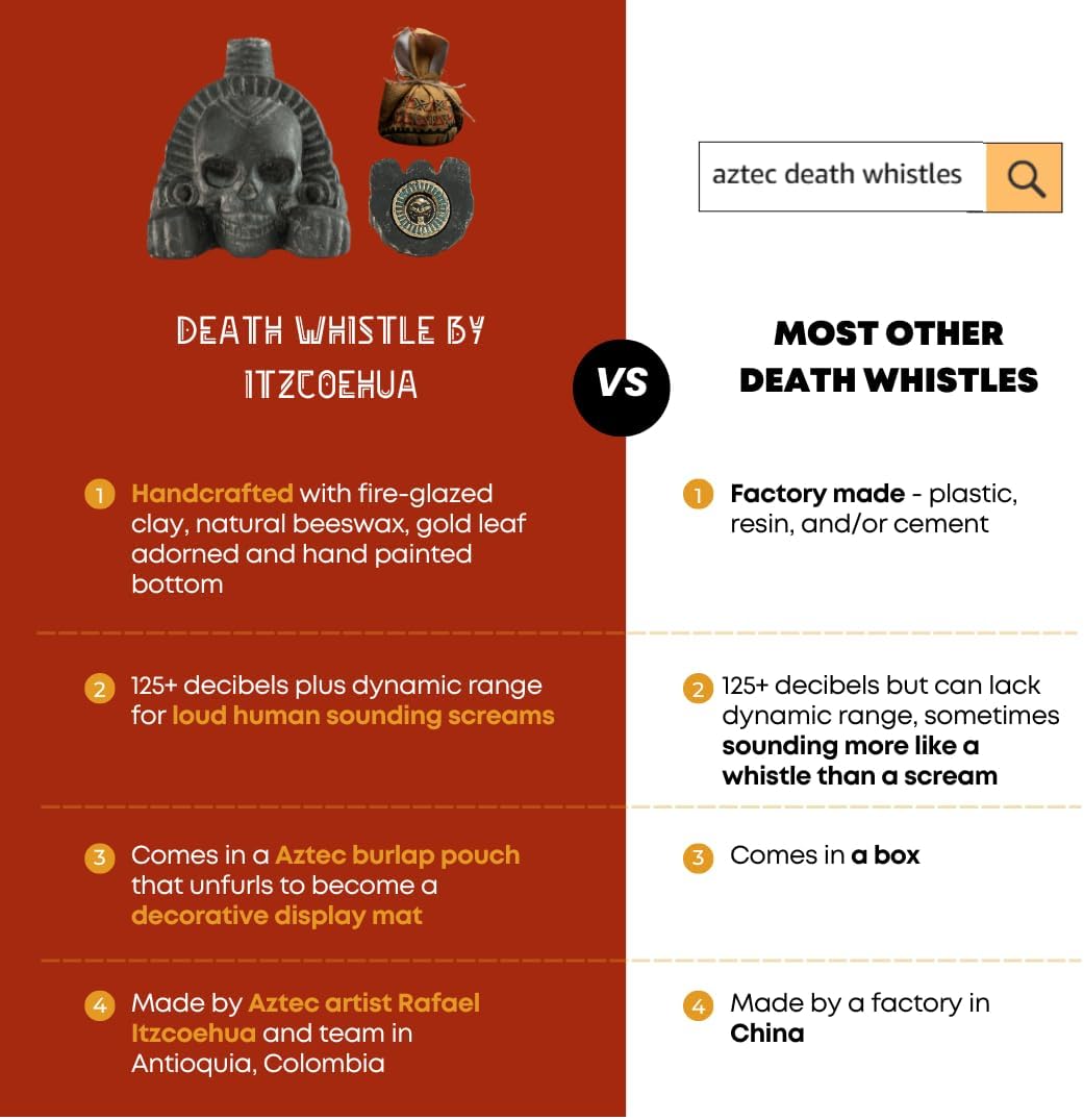 Real Screaming Aztec Death Whistle from ZBOSS by ITZCOEHUA - Loudest Authentic Human Sounding Screams 125+ Decibels Loud, Collectible, Aztec Design in Black Obsidian, Self defense