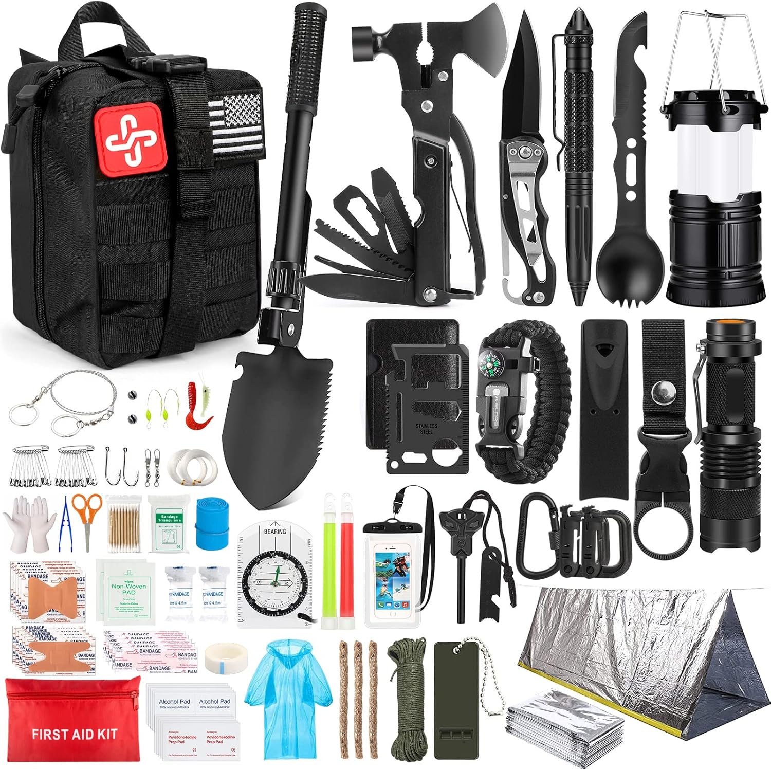 Survival Kit. 250Pcs Survival Gear First Aid Kit with Molle System Compatible Bag and Emergency Tent. Emergency Kit for Earthquake. Outdoor Adventure. Hiking. Hunting. Gifts for Men Women
