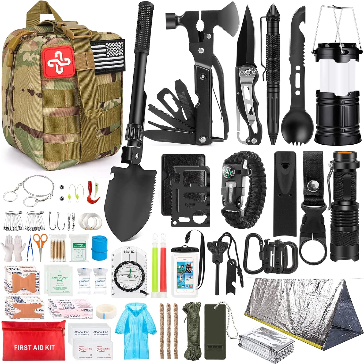 Survival Kit. 250Pcs Survival Gear First Aid Kit with Molle System Compatible Bag and Emergency Tent. Emergency Kit for Earthquake. Outdoor Adventure. Hiking. Hunting. Gifts for Men Women