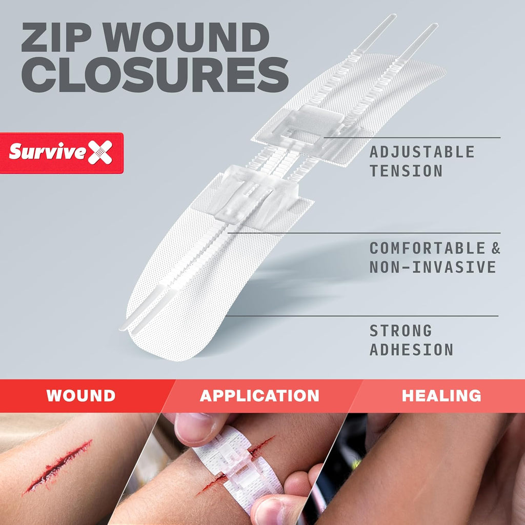 A-  Large First Aid Kit for Car. Travel & Home - Emergency Kit for Hiking. Camping. Backpacking and Outdoors - Includes Zip Stitch Wound Closure Strips