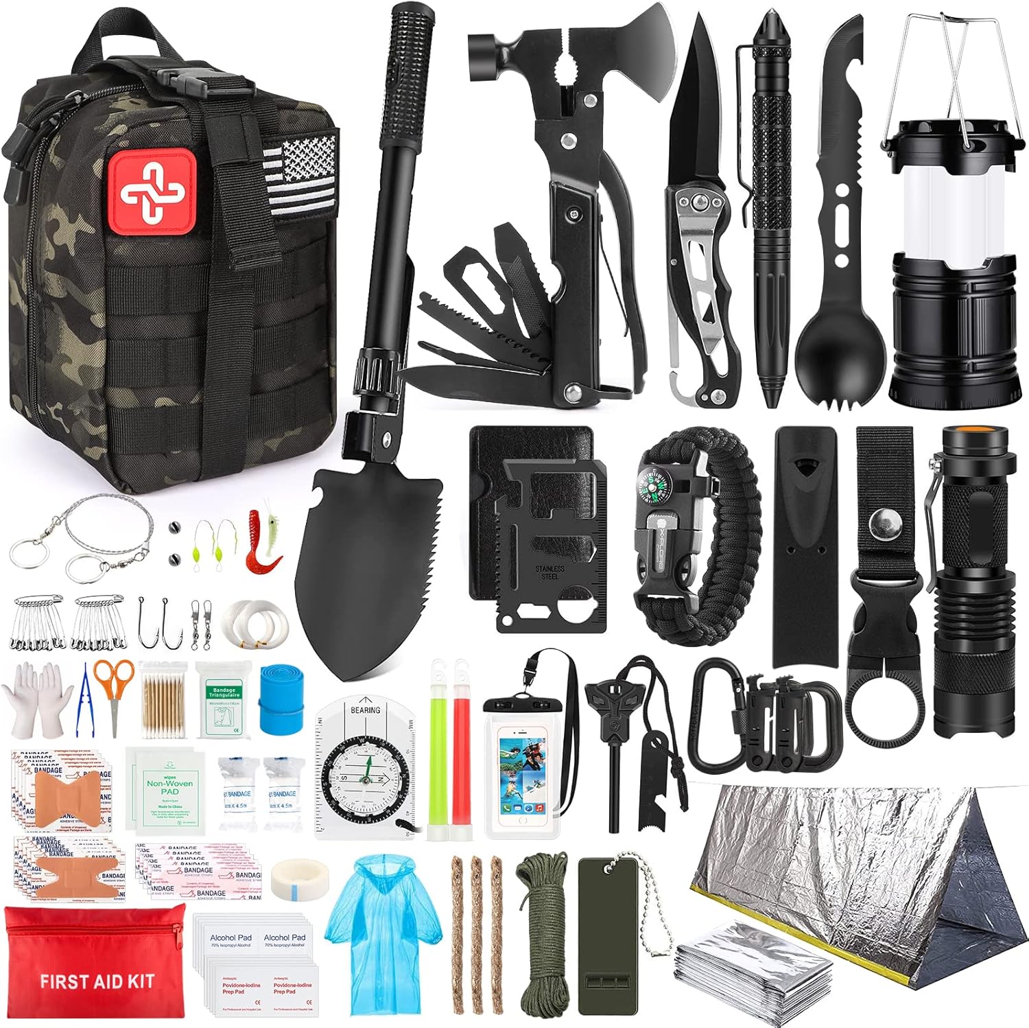 Survival Kit. 250Pcs Survival Gear First Aid Kit with Molle System Compatible Bag and Emergency Tent. Emergency Kit for Earthquake. Outdoor Adventure. Hiking. Hunting. Gifts for Men Women